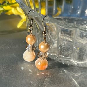 Handcrafted dangle crystal & faux pearl fishhook earrings Gold & cream c…